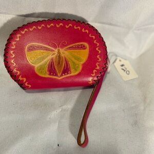 Vibrant Pink Leather Wristlet with Butterfly Design